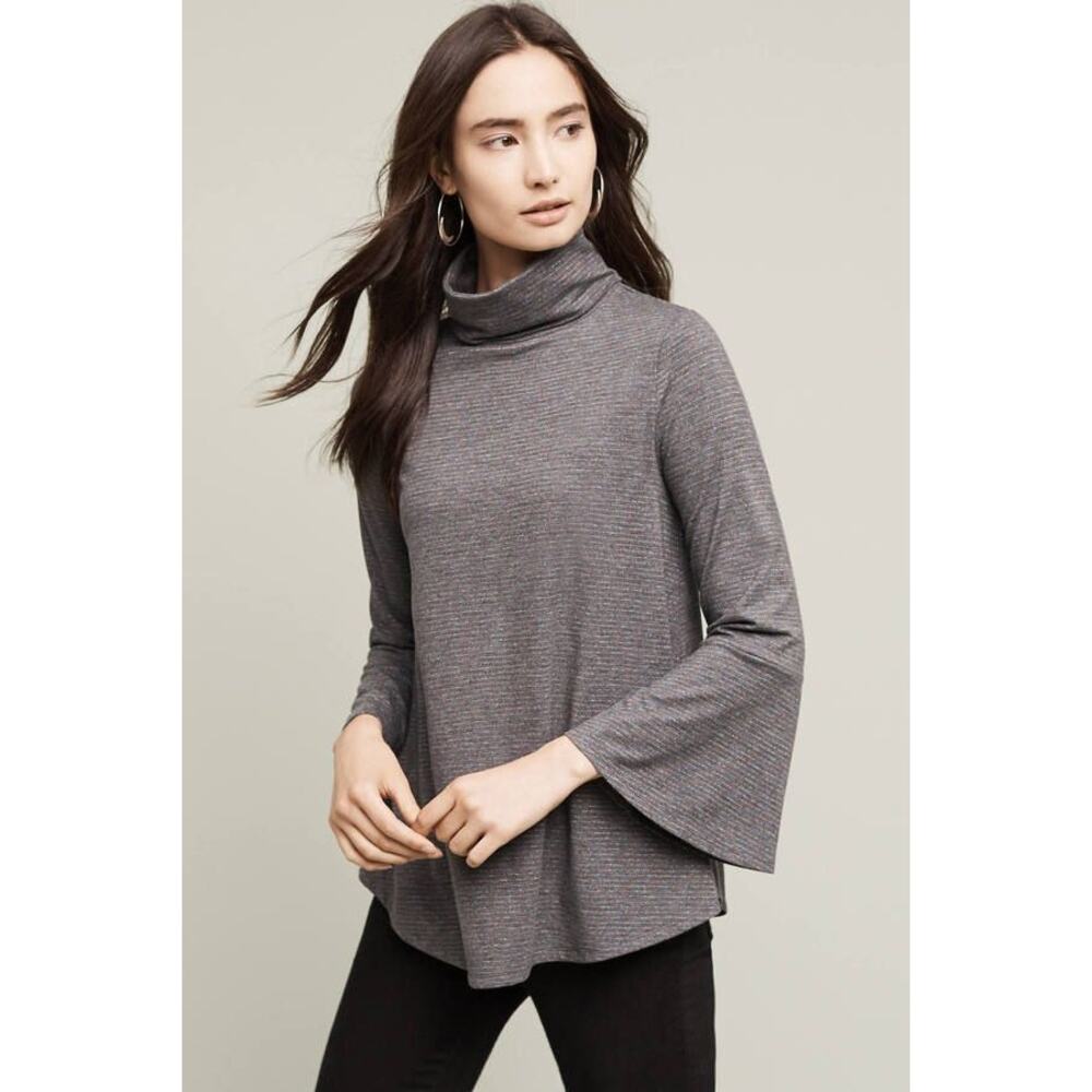 Anthropologie Liz Striped Turtleneck Top Grey Metallic Striped Small Bell Sleeve